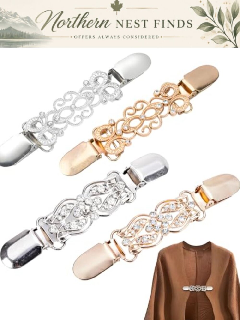 4PC Vintage Sweater Collar Clip Set Alloy Cardigan Shawl Brooch Clips